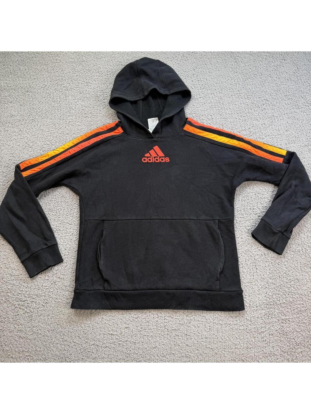 Adidas Black Hoodie Youth XL Orange 3 Stripe Pullover Sweatshirt Fits Adult XS